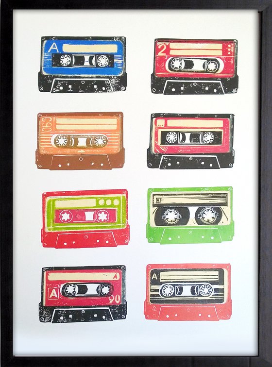 Linocut tapes #41 - framed and ready to hang (cassette tapes, retro music, 70's, 80's rock culture)