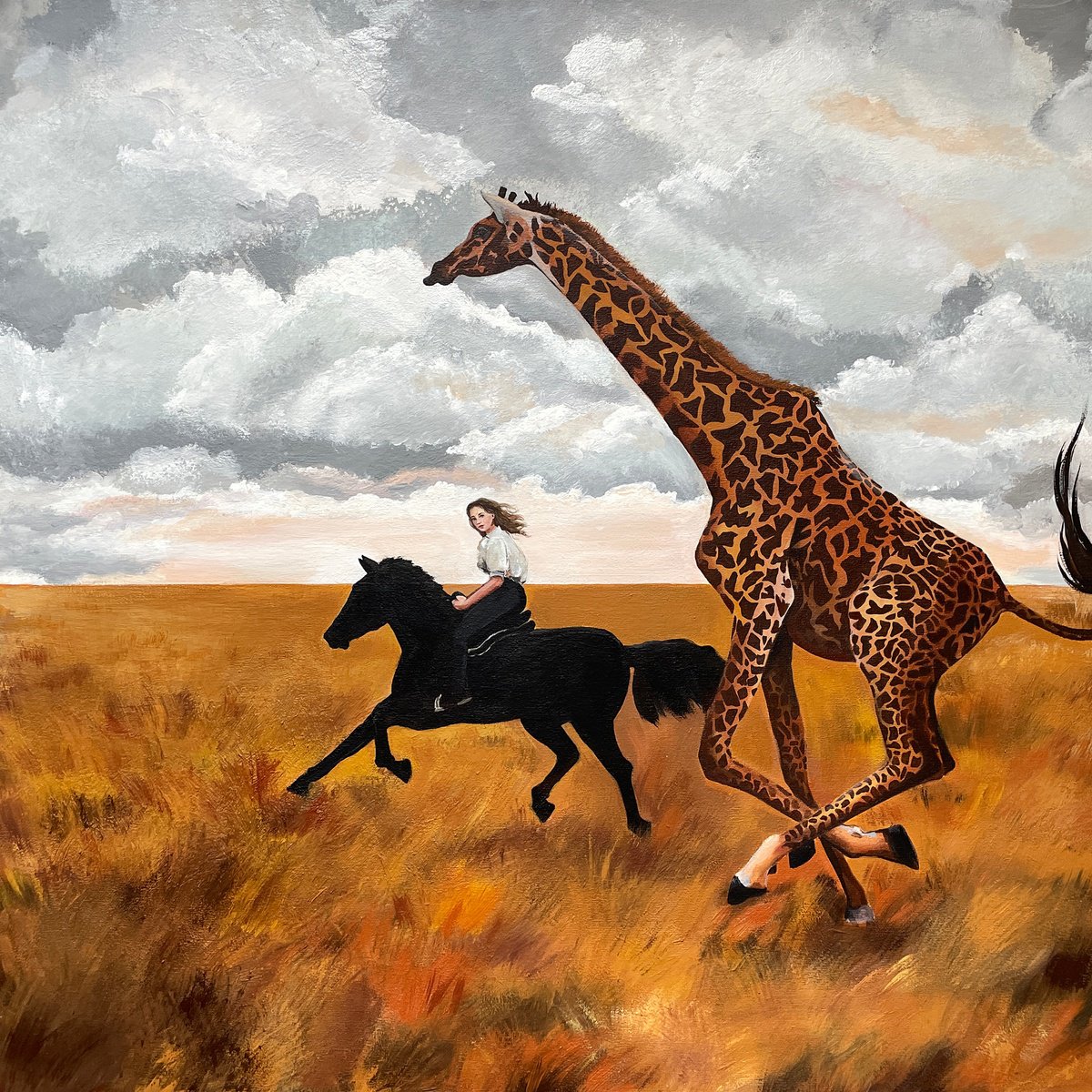 Animal Acrylic Painting By Elina Zelena, 22 X 22, Horsewoman And Giraffe, Original Artwork