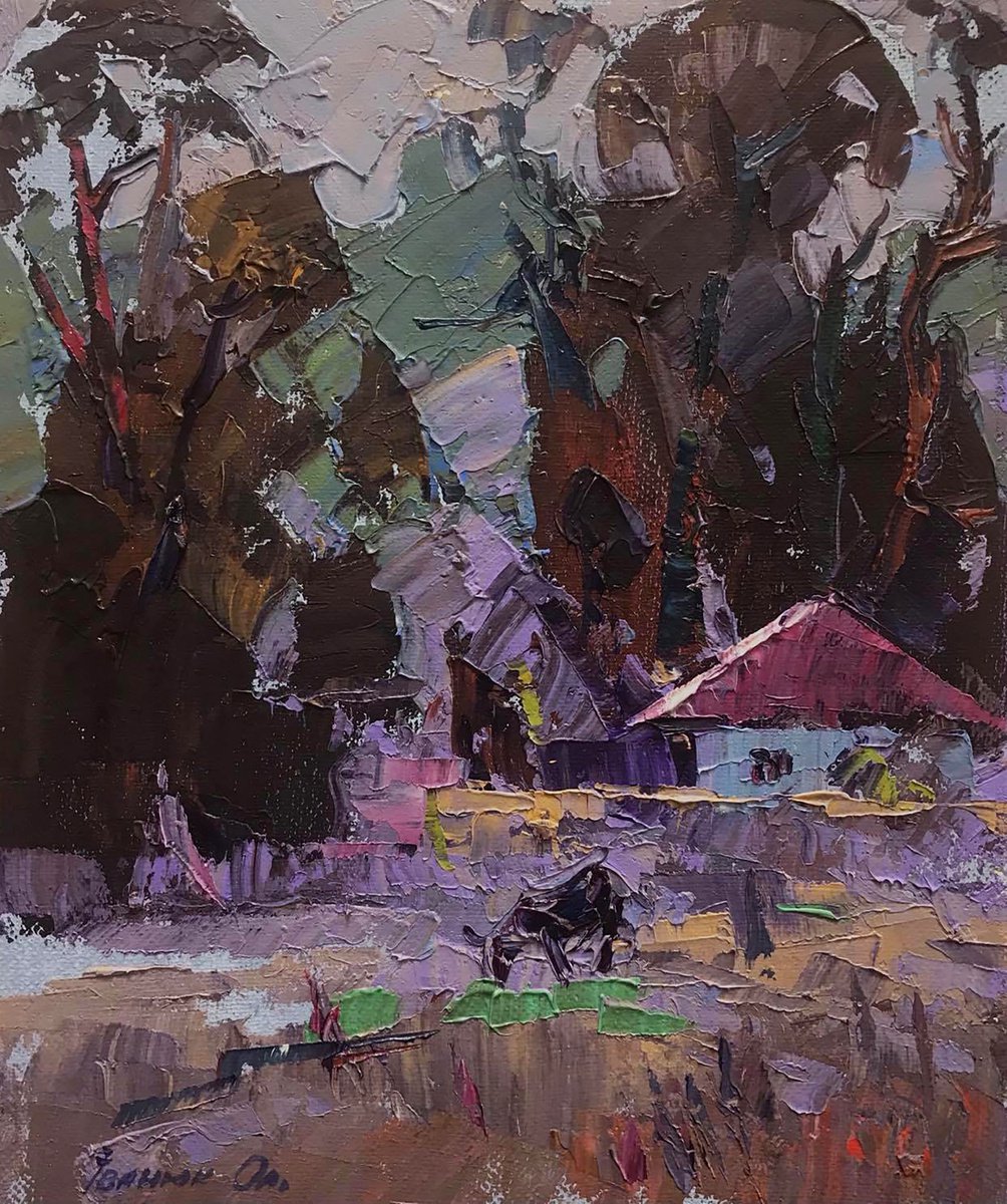 Impressionistic Landscape Oil Painting By Kalenyuk Alex, 10 X 12", House At The Edge Of The Forest, Original Artwork