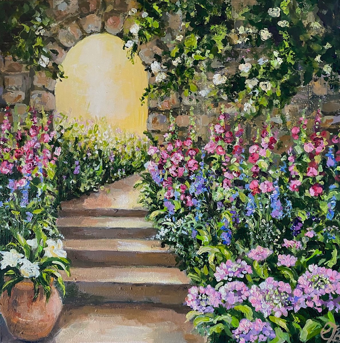 Impressionistic Landscape Acrylic Painting By Colette Baumback, 20 X 20, A Peaceful Garden, Original Artwork