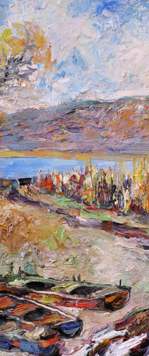 Boats on the Dniester River. by Nikifor Swiristuhin