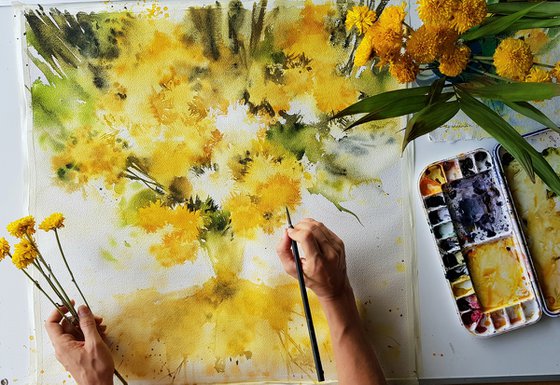 YELLOW FLOWERS PANTING. WILDFLOWERS BOUQUET.