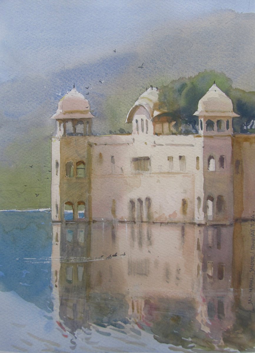Impressionistic Landscape Watercolour By Bhargavkumar Kulkarni, 10 X 14, Jal Mahal , Jaipur 3, Original Artwork
