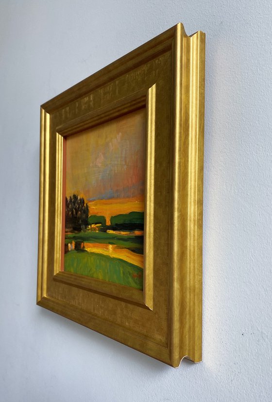Original Impressionist oil painting-Green Landscape, Sunset. Framed
