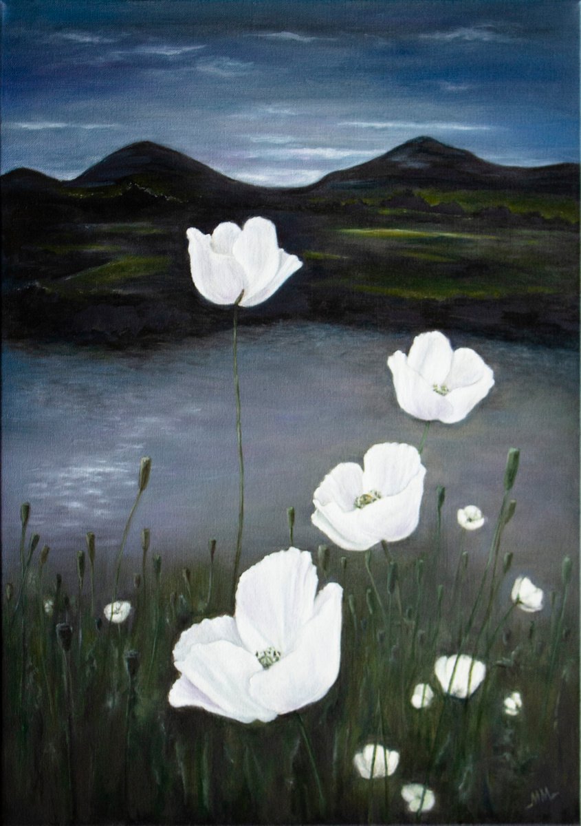 Photorealistic Landscape Oil Painting By Mila Moroko, 20 X 28", Moonlight Poppies, Original Artwork