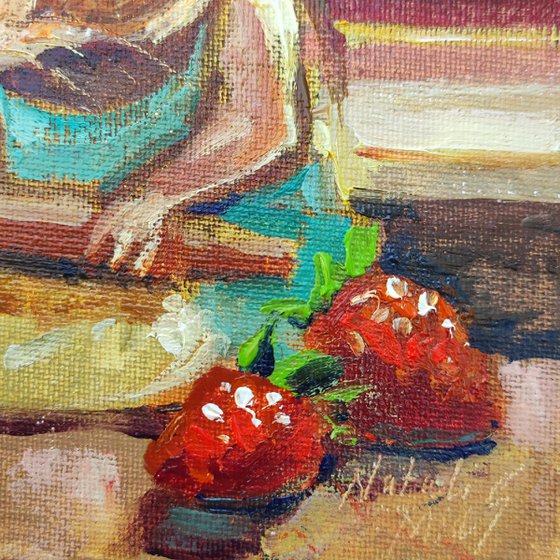 The mouse is baking a strawberry pie