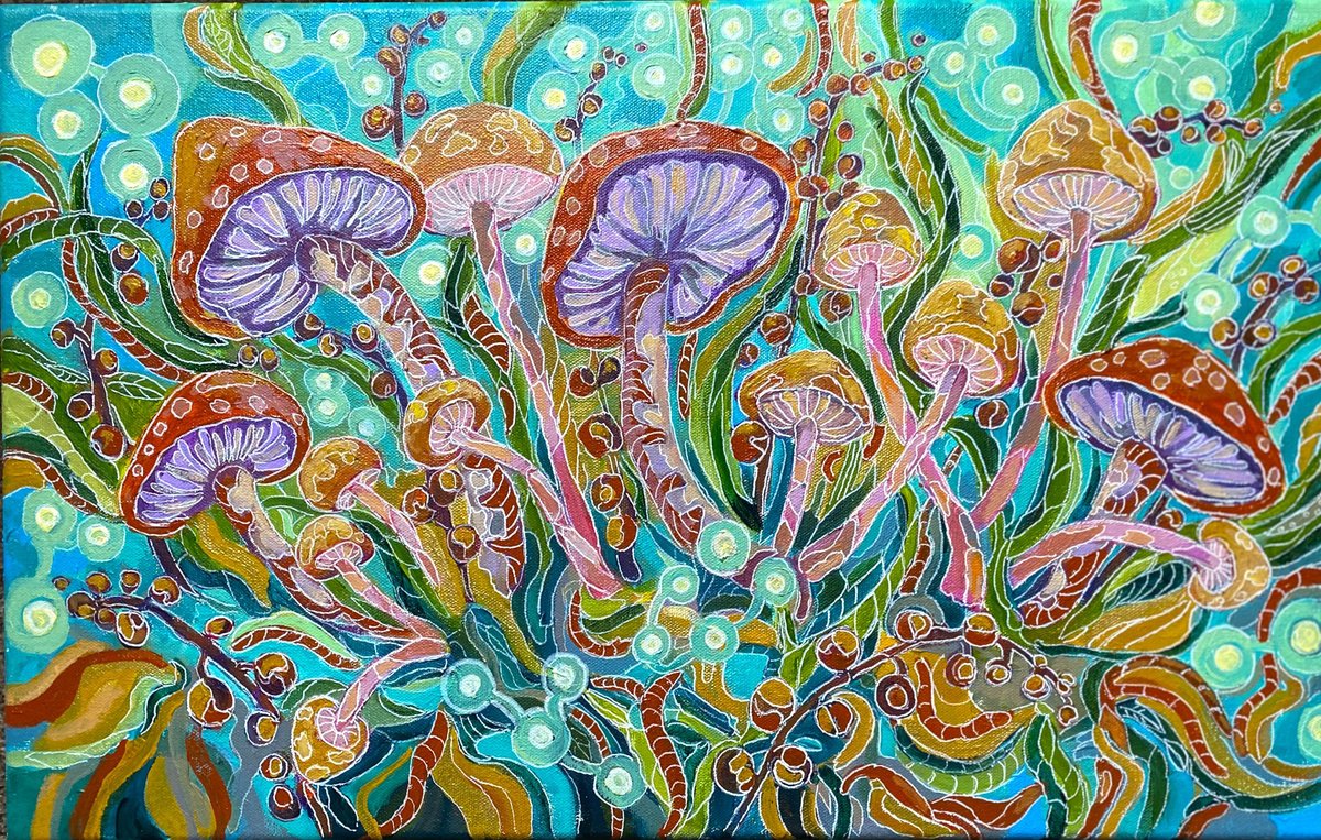 Organic Botanical Acrylic Painting By Colette Baumback, 24 X 15, Magical Mushrooms, Original Artwork