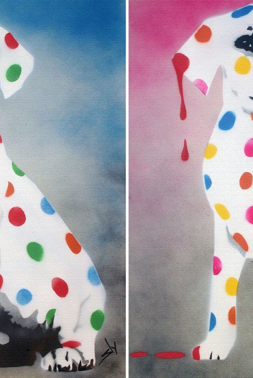 His & her Damien's dotty, spotty, puppy dawgs (on canvas) +FREE poem. by Juan Sly