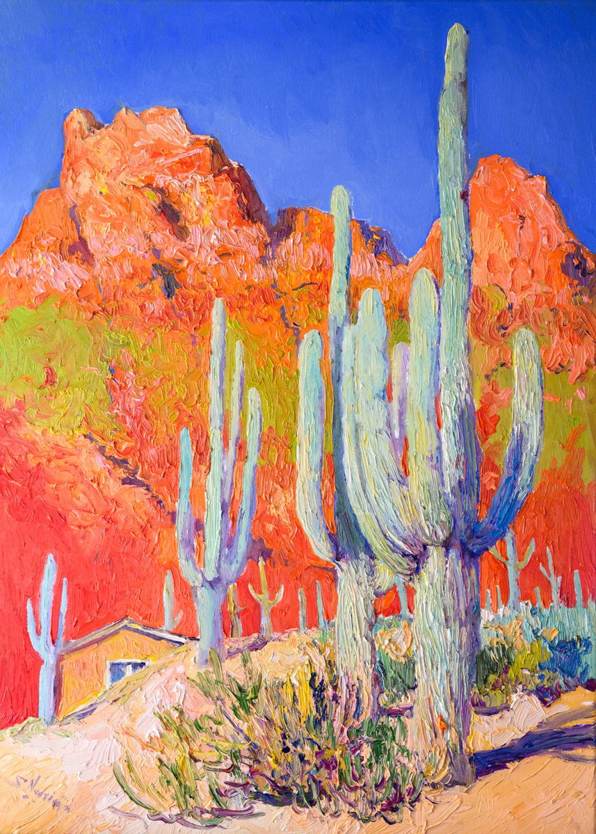 Expressive Landscape Oil Painting By Suren Nersisyan, 22 X 30", Red Rocks And Saguaro Cactuses, Original Artwork