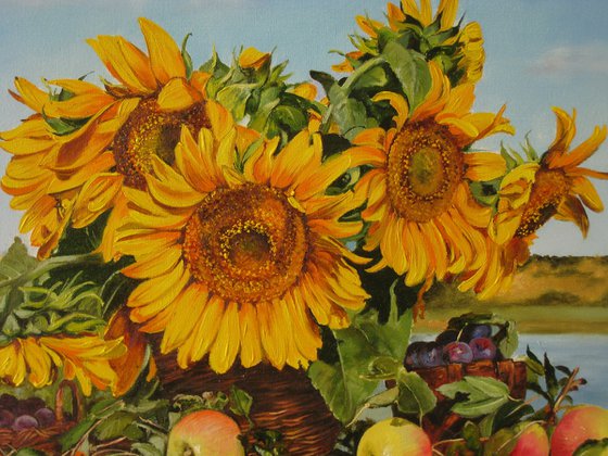 Sunflowers in a rustic basket