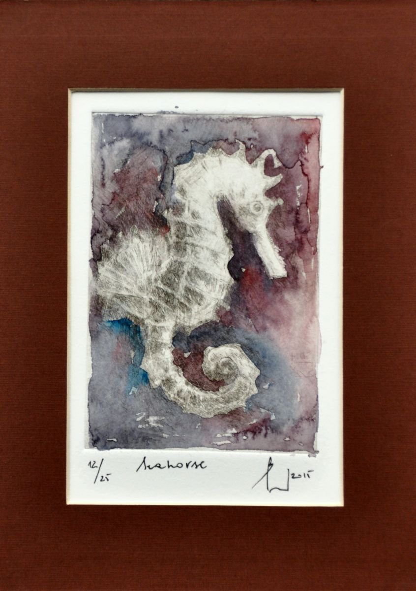 SEAHORSE etching and finishing touch of watercolor by Beata van Wijngaarden