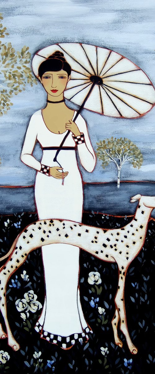 Woman with Birch Trees & Dalmatian by Karen Rieger