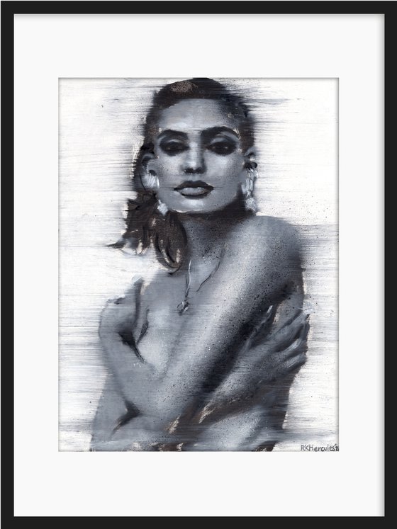 Charlee | Black and white nude woman oil painting on paper | beautiful powerful lady wearing figurative topless