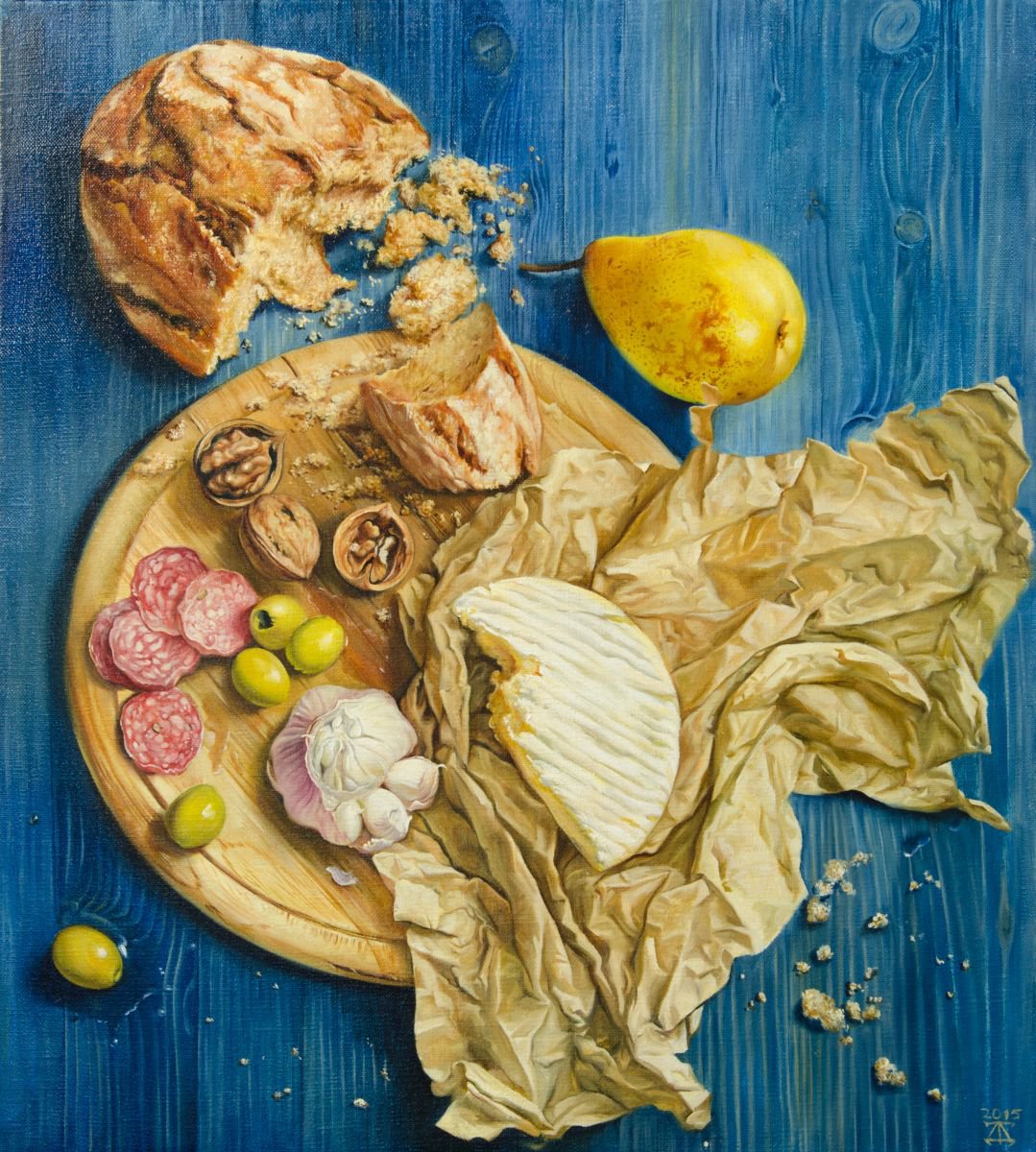 Still life with cheese and garlic by Daria Galinski