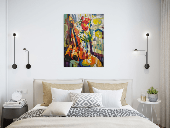 Still life with lemons and violin (60x80cm, cubism, oil painting, ready to hang)