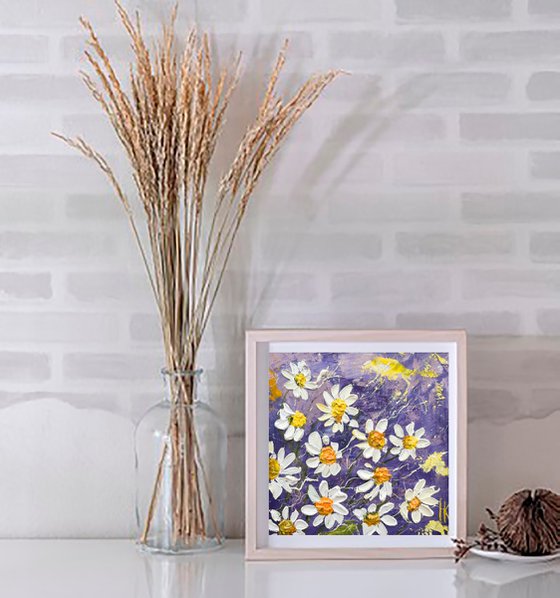 Daisy Painting Impasto Original Art Chamomile Flowers Oil Artwork Floral Wall Art 6 by 6  in