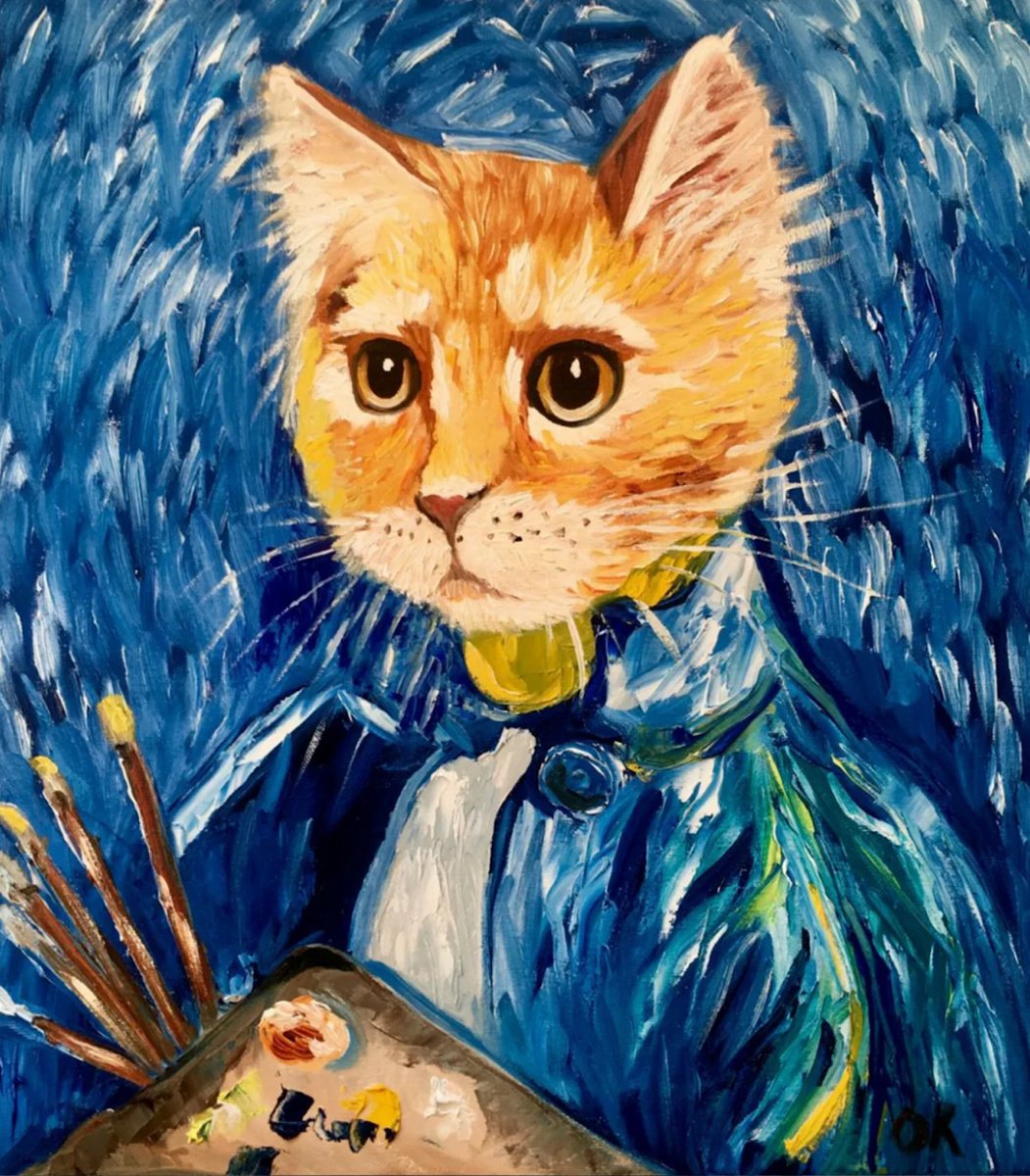 Impressionistic Animal Oil Painting By Olga Koval, 18 X 20", Creative Cat La Vincent, Original Artwork