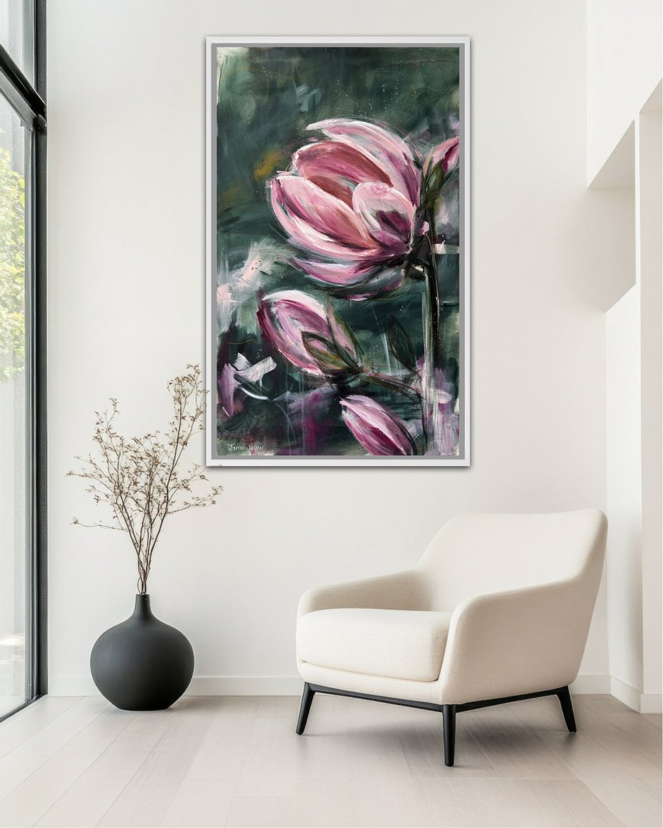 Abstract Botanical Acrylic Painting By Lyndsay Tarren-Leister, 24 X 38", Whispered Blooms, Original Artwork