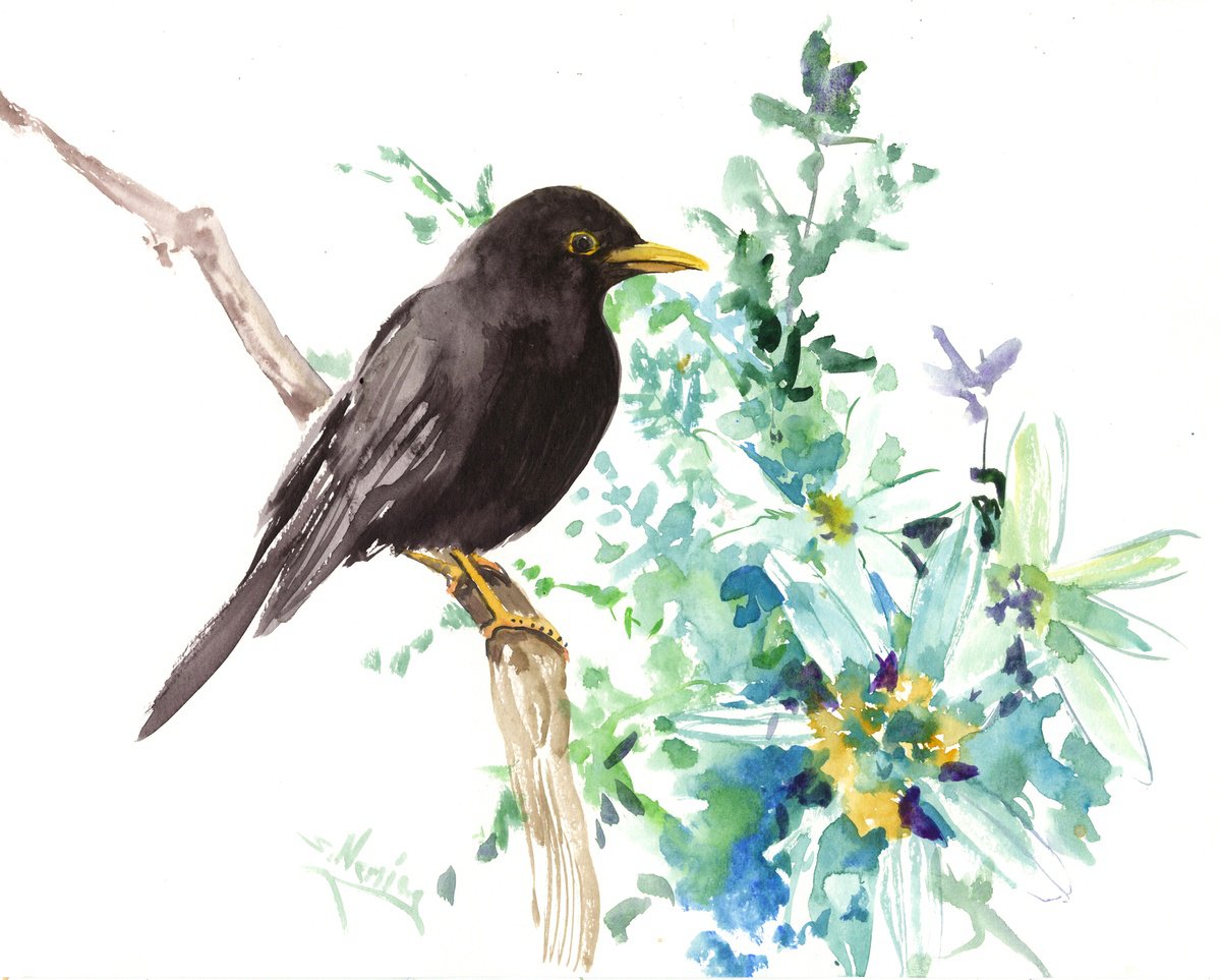 Blackbird and edelweiss flowers by Suren Nersisyan