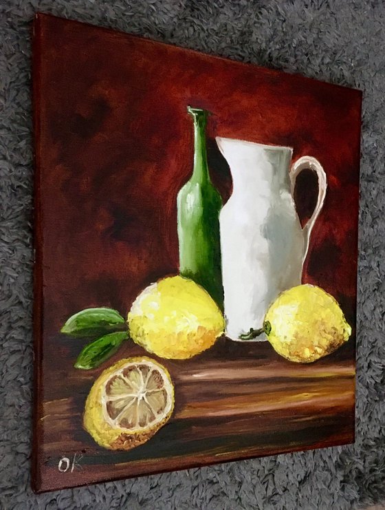 Bottles and lemons.  Still life. Palette knife painting on linen canvas