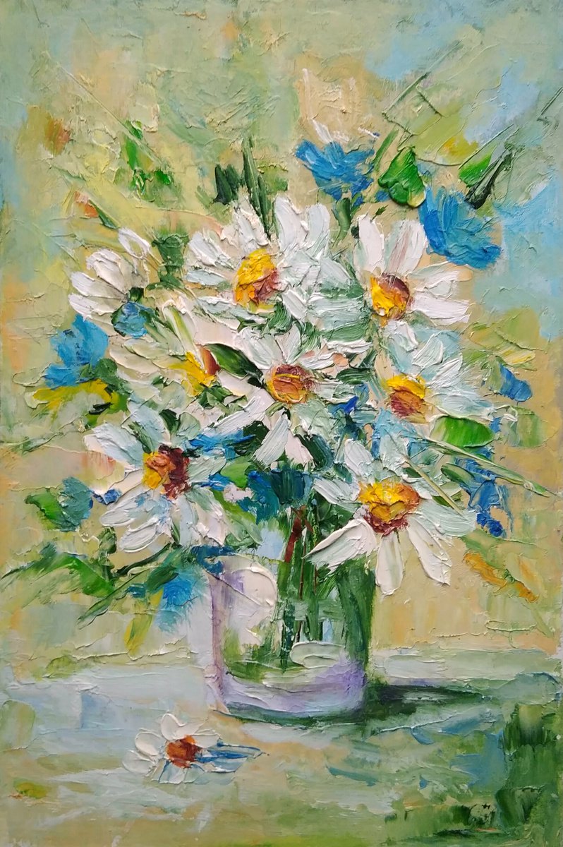 Bouquet of daisies, Daisy Painting Small Floral Original Wall Art Flower Bouquet Artwork by Yulia Berseneva