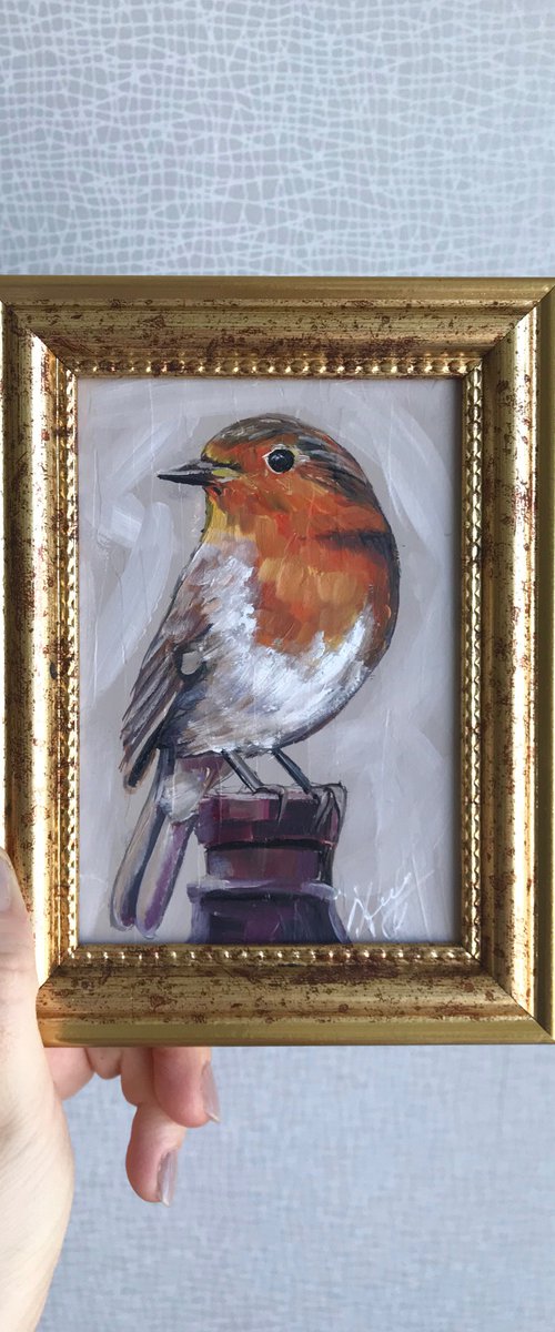 Bird Robin painting mini art framed 8х12cm by Leysan Khasanova