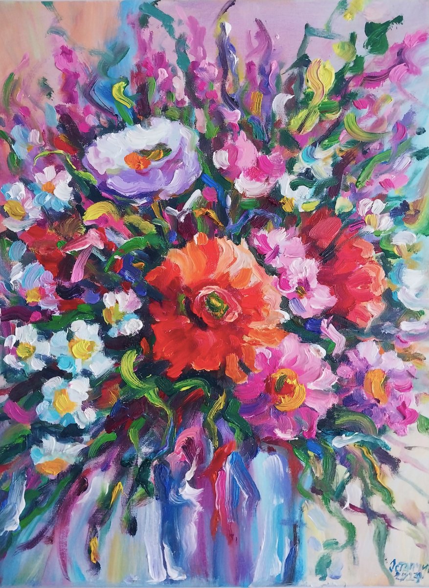 Abstract Still Life Oil Painting By Andrej Ostapchuk, 12 X 16, Abstract Bouquet, Original Artwork