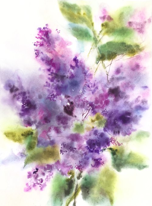 Lilac bouquet. Impressionist flowers. Watercolor purple flowers by Olga Grigo