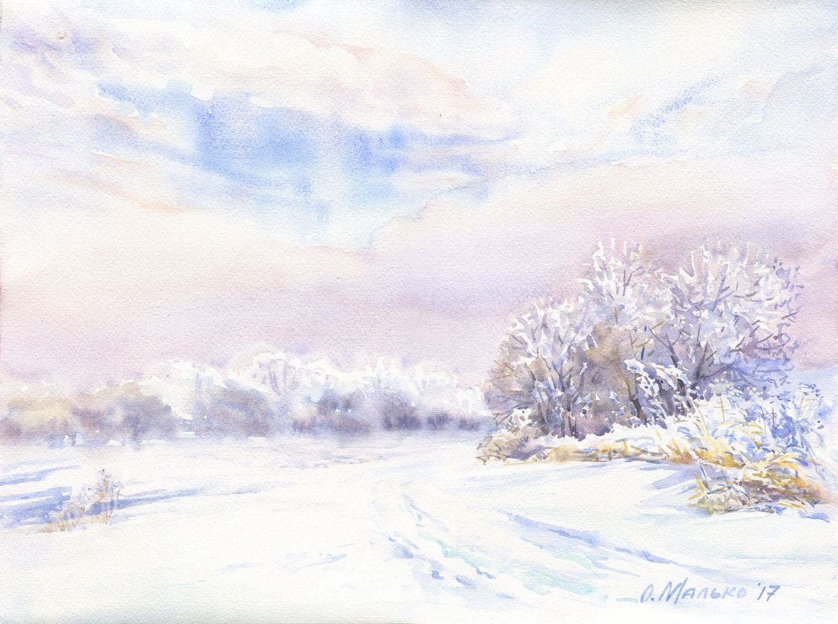 Winter morning / Snow landscape Blue white painting by Olha Malko