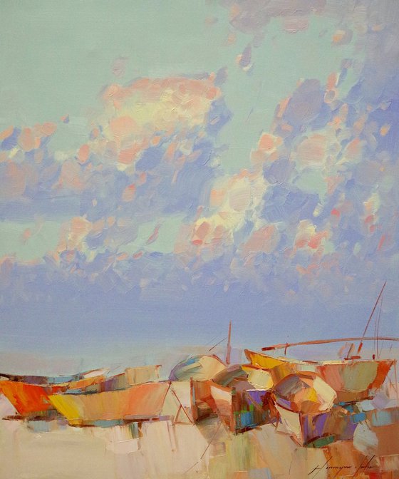 Fishing Boats, Original oil painting, Handmade artwork, One of a kind