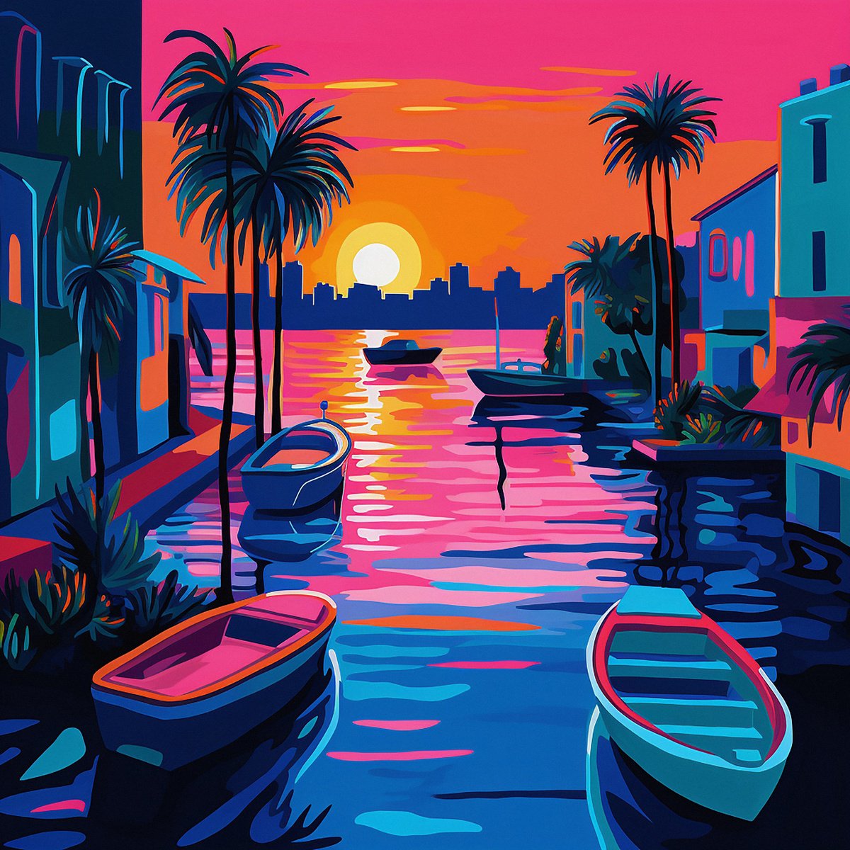 Urban And Pop Acrylic Painting , Fishing Village Ii By Kosta Morr, 31 X 31, Artwork For Sale On Artfinder