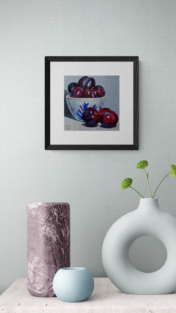 Plums In Blue And White Bowl