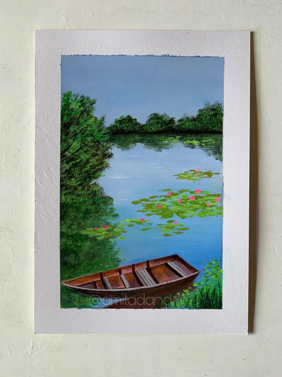 Boat near water lily pond-1 ! A4 size Painting on paper