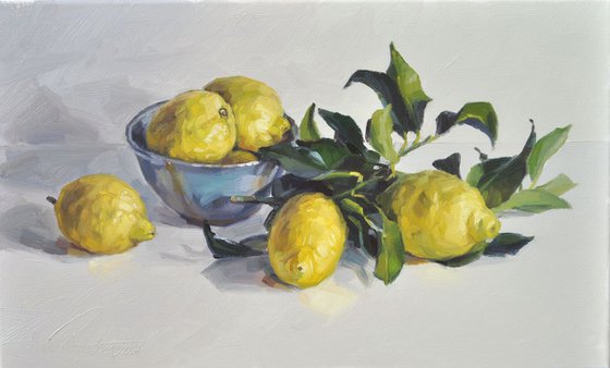 Lemons and blue bowl