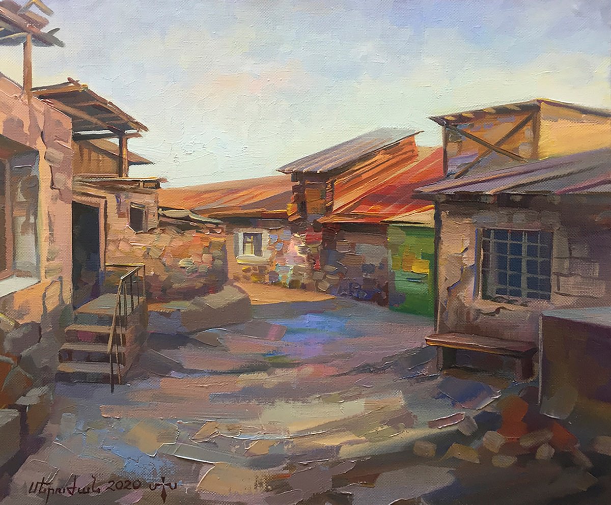 Impressionistic Cityscapes Oil Painting By Meruzhan Khachatryan, 28 X 24", Evening In Kond, Original Artwork