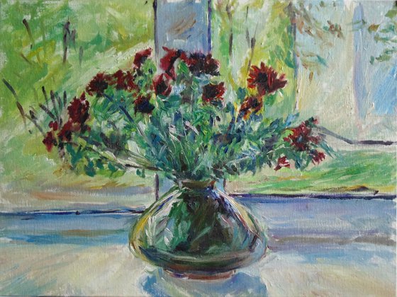 Red chrysanthemums in a pot-bellied vase on a window on a sunny day. Oil on canvas on cardboard. 40 x 30 cm