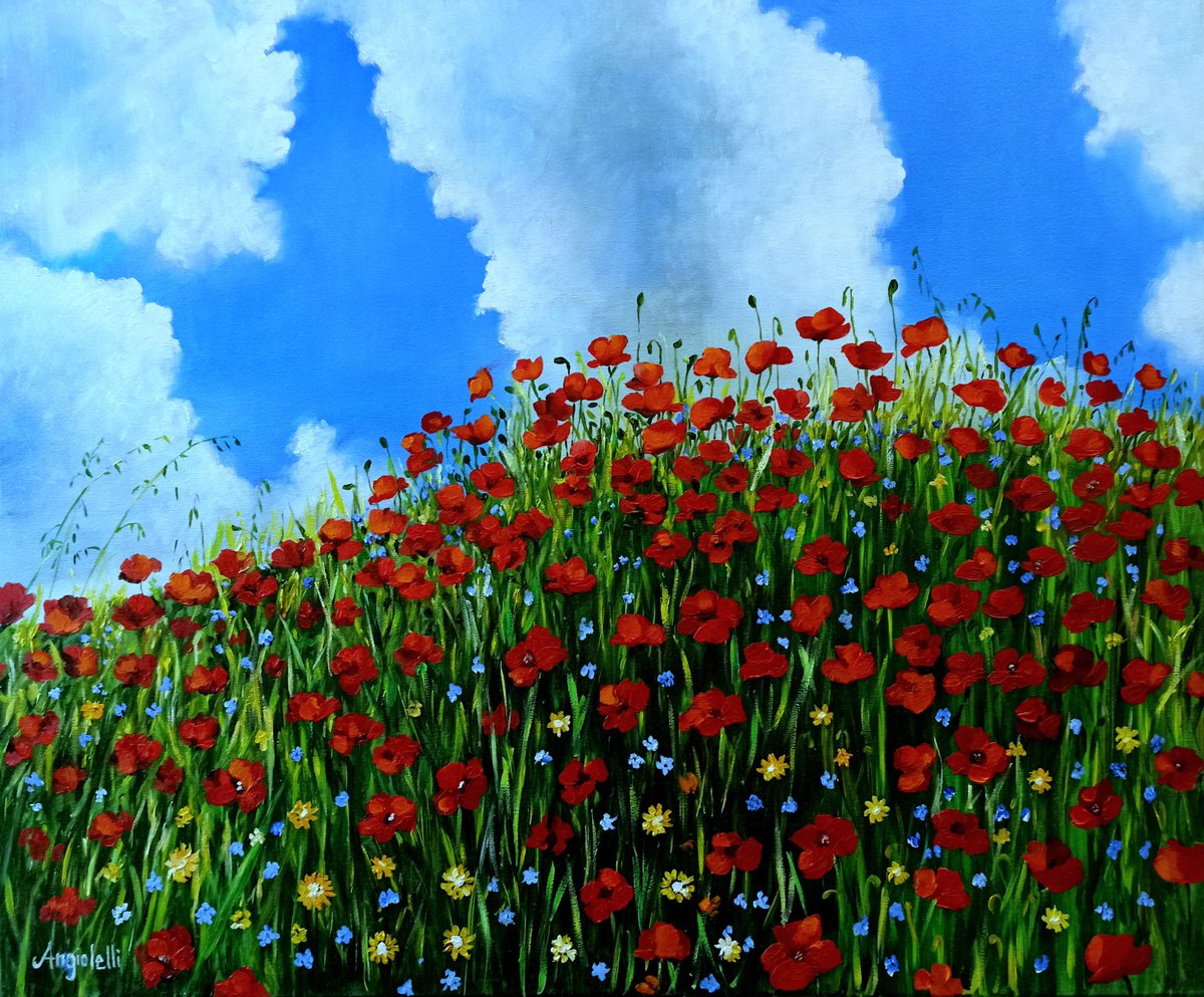 Photorealistic Landscape Oil Painting By Anna Rita Angiolelli, 24 X 20, Flowery Meadow, Original Artwork