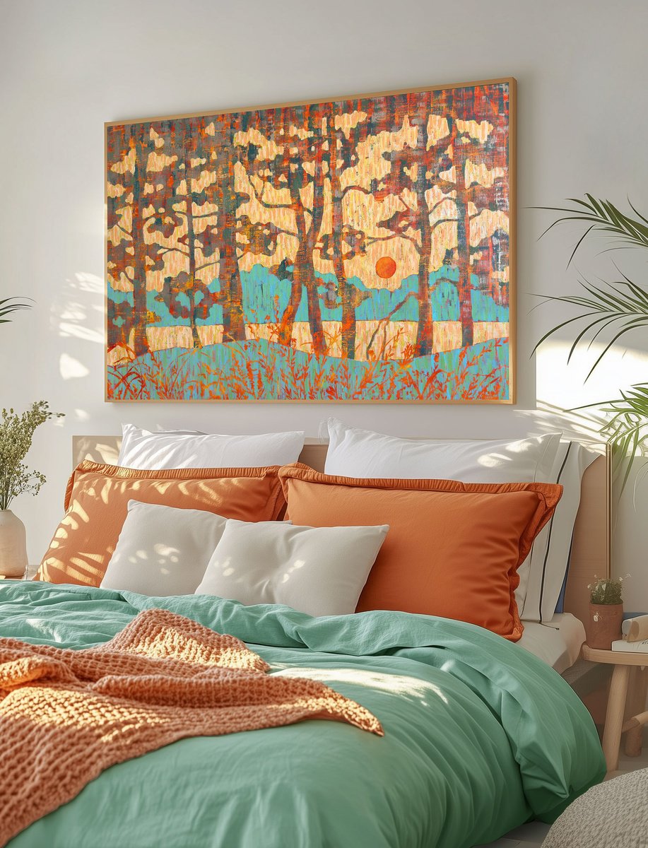 Illustrative Landscape Acrylic Painting By Ekaterina Prisich, 55 X 35, Pine Bank At Sunset, Original Artwork