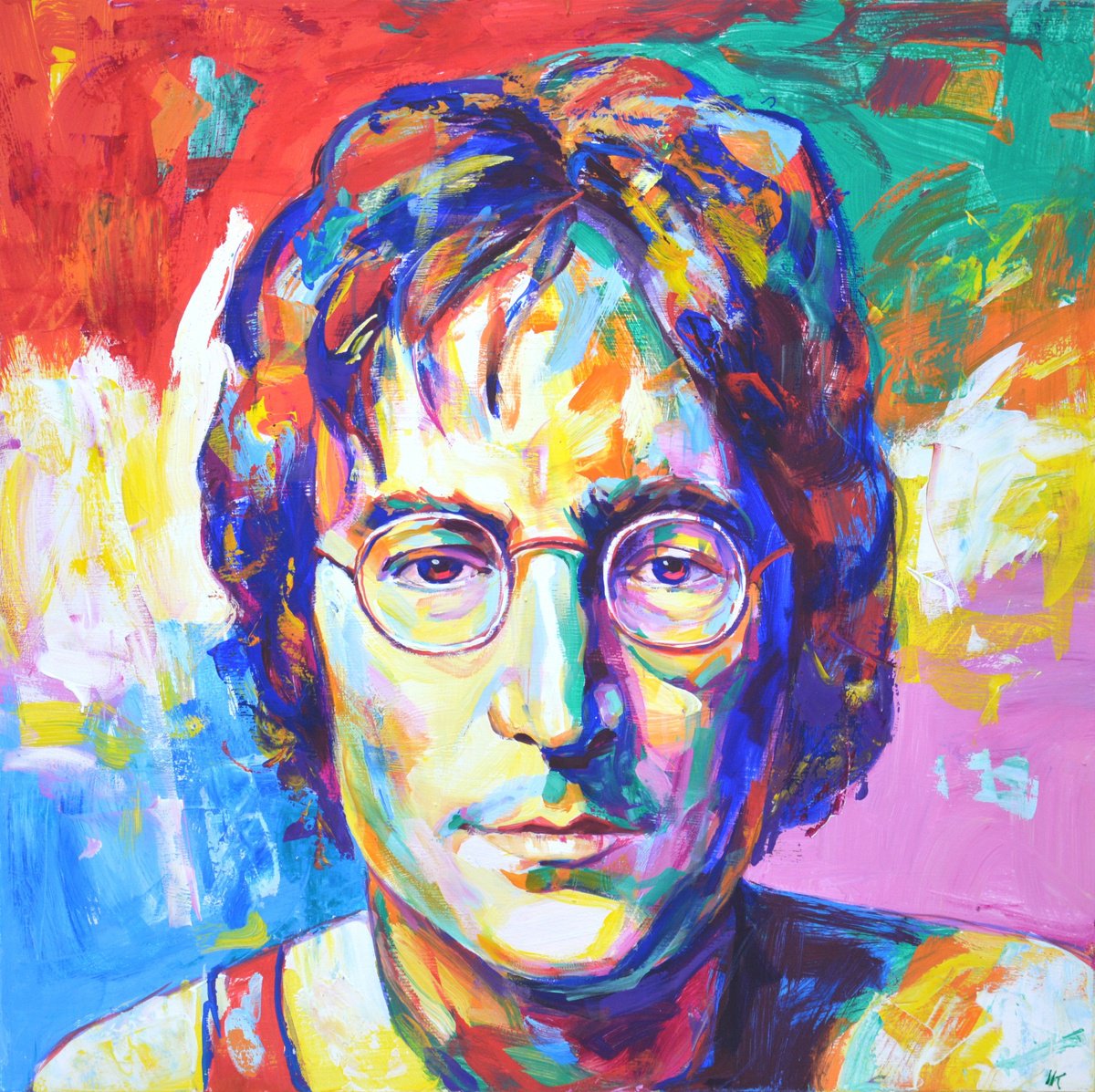 Expressive Portrait Acrylic Painting By Iryna Kastsova, 39 X 39, John Lennon, Original Artwork