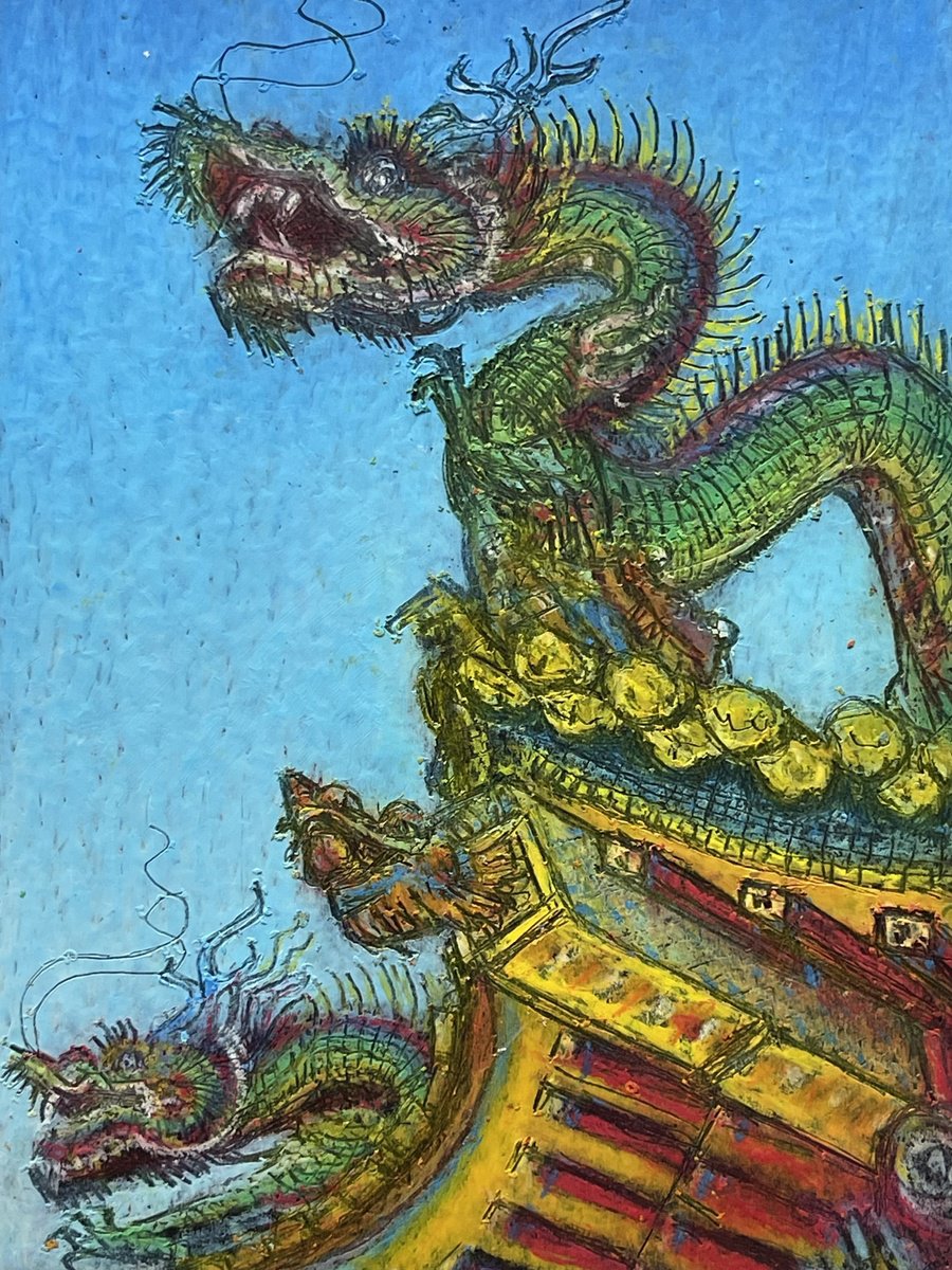 Expressive Cityscapes Pastel Drawing By David Lloyd, 6 X 8, Dragons, Fengtian Temple, Original Artwork