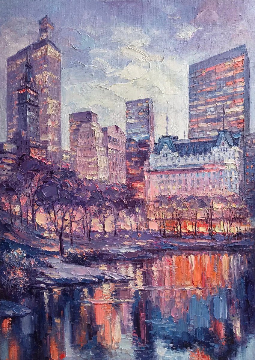 Impressionistic Cityscapes Oil Painting By Artem Grunyka, 20 X 28, New York Central Park.winter, Original Artwork