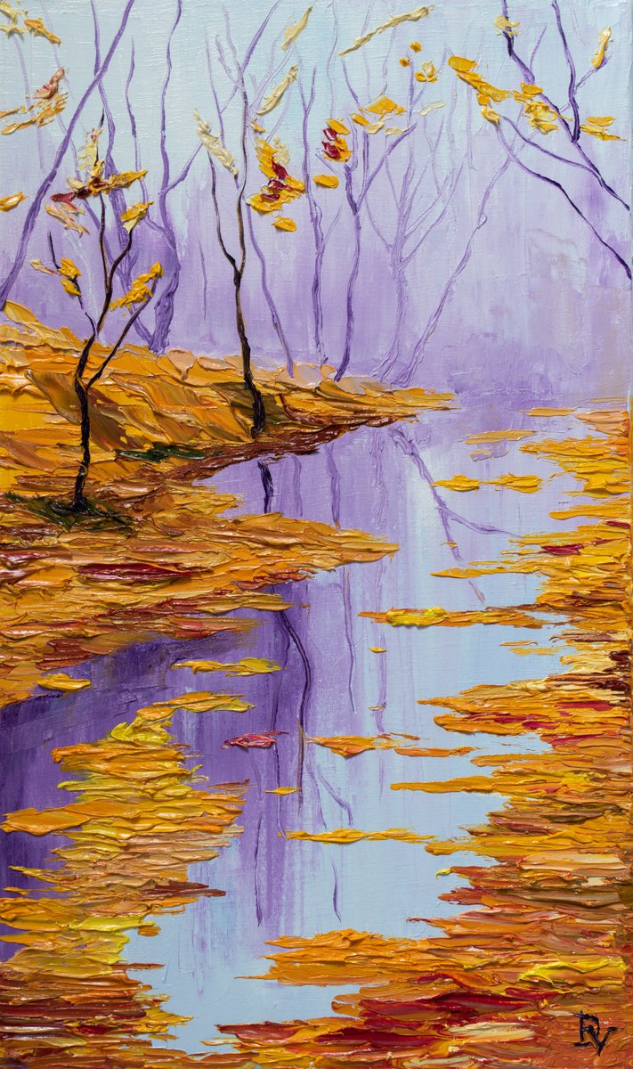 Impressionistic Landscape Oil Painting By Vladyslav Durniev, 12 X 20", Autumn Fog, Original Artwork