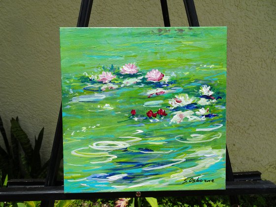 Water Lily Pond Small Floral Painting. Green Painting on Canvas. Modern Impressionism Art