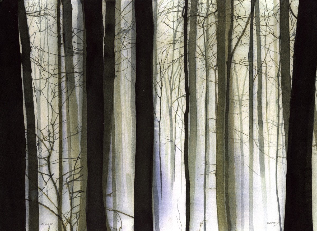 Impressionistic Watercolour , Forest In Fog By Reme Jr., 19 X 14, Artwork For Sale On Artfinder