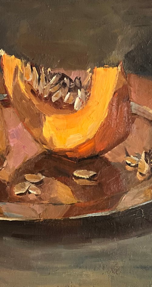Still life Oil Painting - Pumpkin Slices on a Plate by Nithya Swaminathan