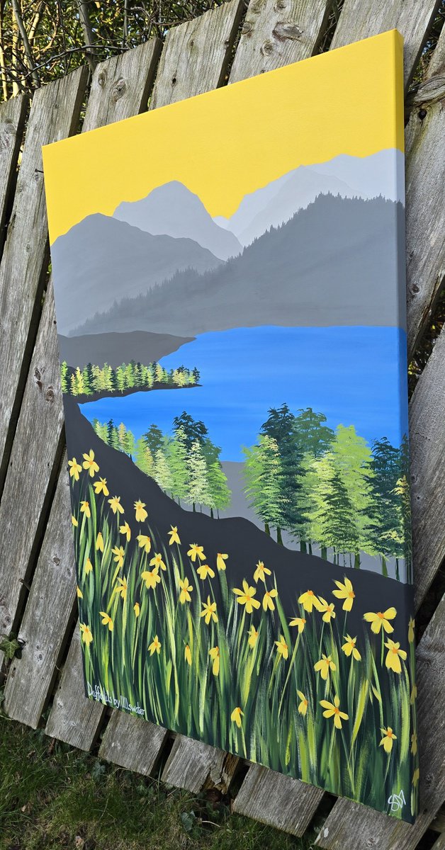 Organic Landscape Acrylic Painting By Sam Martin, 30 X 48", Daffodils By Ullswater, Original Artwork