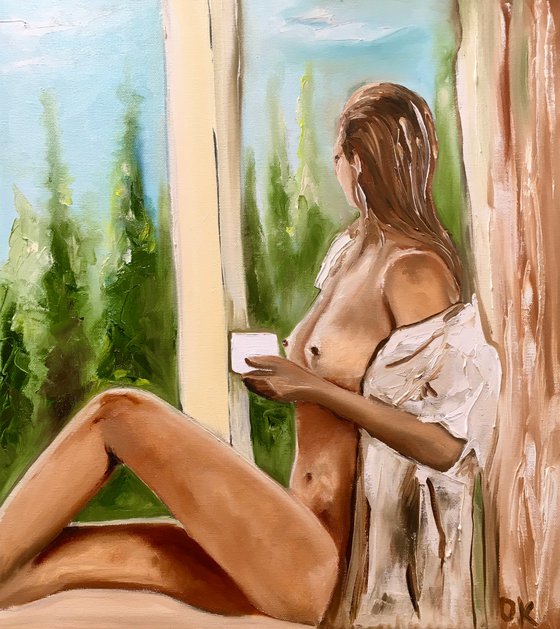 Cap of coffee, morning girl. Nude, girl, beautiful woman.