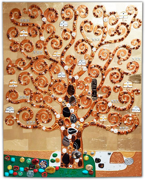 Tree of life Gustav Klimt. Precious stones relief painting