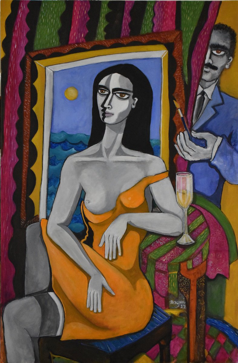 Expressive Portrait Acrylic Painting By Nagui, 24 X 36", The Painting, Original Artwork