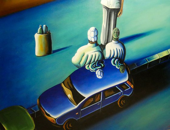 Oil painting on canvas, Scène urbaine à la voiture bleue